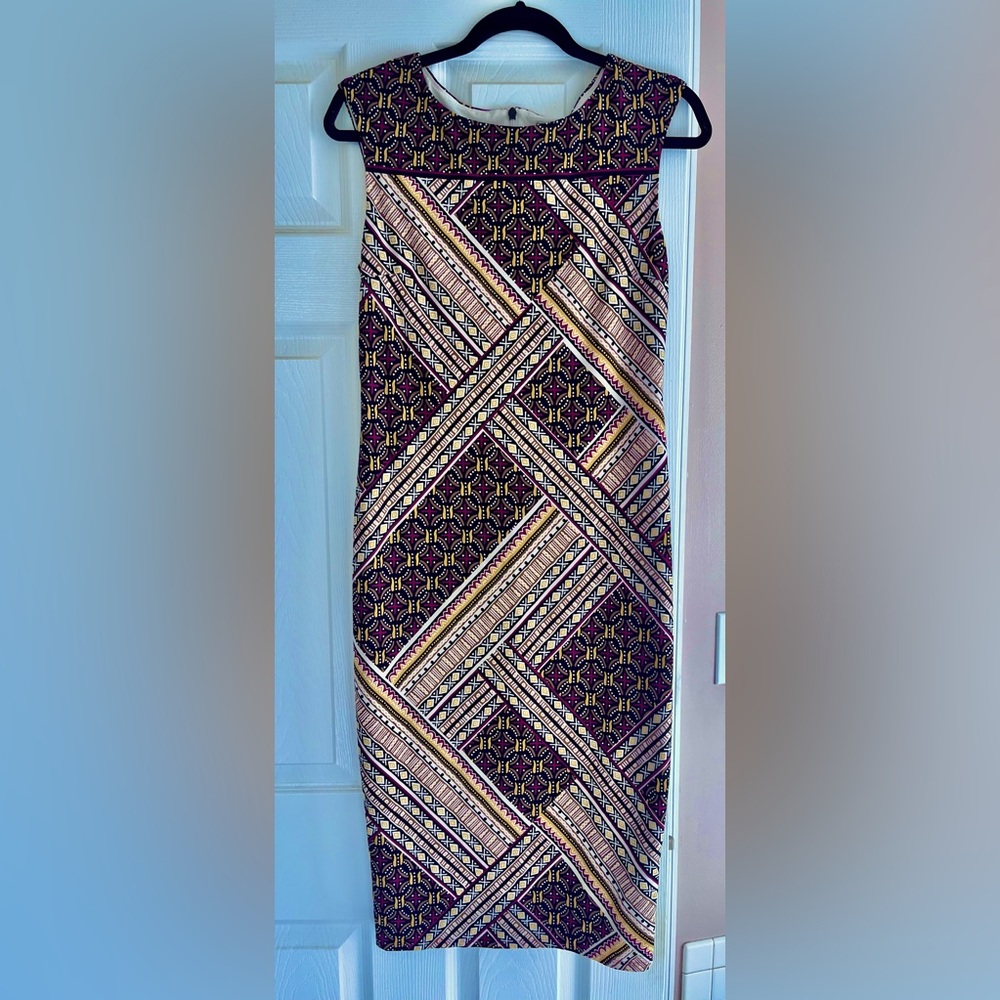 Cato dress, size small, geometric pattern with fall colors, calf length (5’6”)